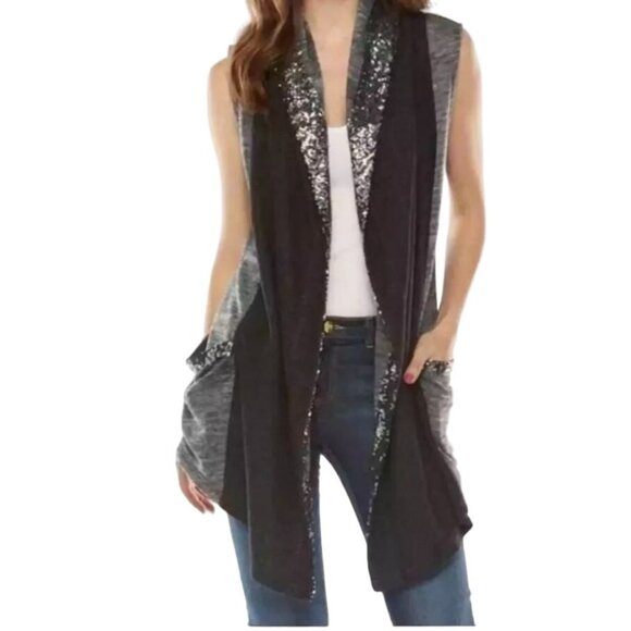 New Juicy Couture Vintage Gray & Black Sequin Open Front Vest With Pockets Sz L - Picture 1 of 12